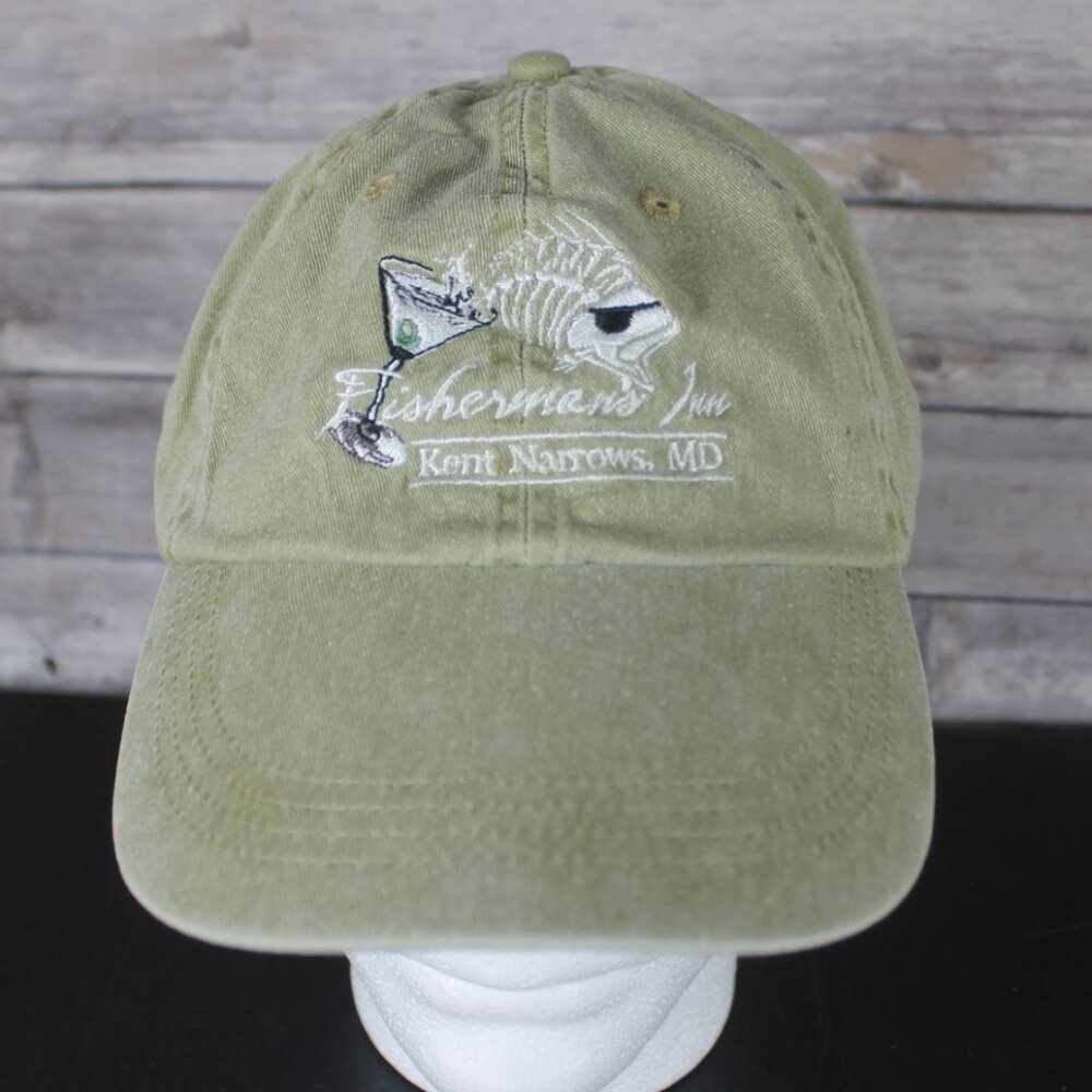 Fisherman's Inn Kent Narrows, MD Green Baseball Hat Cap ANVIL Strapback Canvas